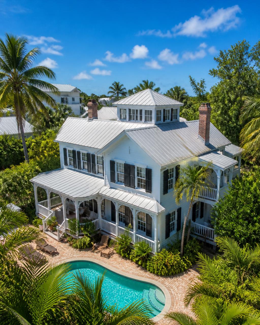 Sunlit Key West conch house with metal roof, palms and a turquoise pool